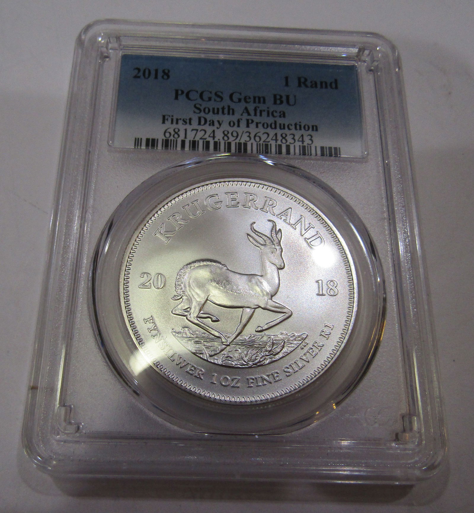 2018 FINE SILVER KRUGERRAND 1 OZ PCGS: GEM BU PCGS SILVER KRUGERRAND 1 0Z FINE SILVER. WITH IMPERIAL AUCTION THE COST FOR PACKING AND SHIPPING VIA USPS IN THE USA IS $5.