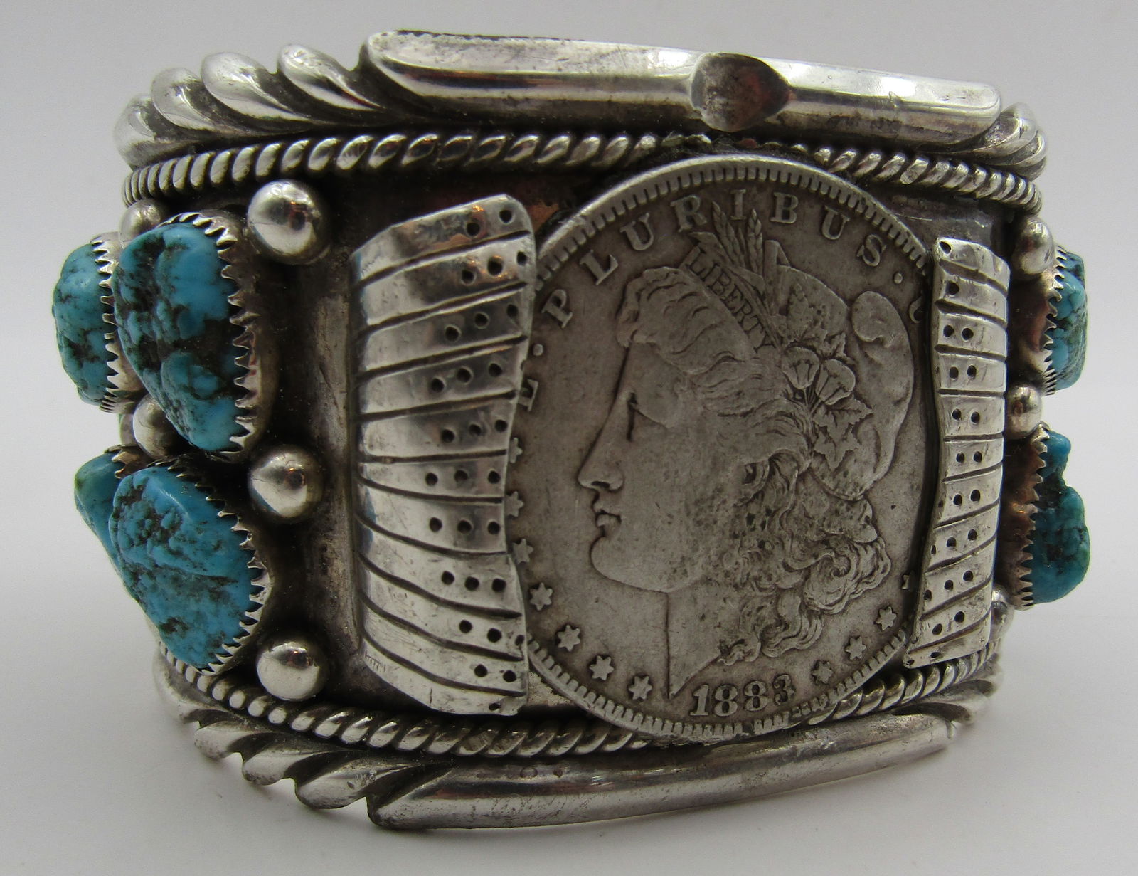 140GRAM 1883 COIN TURQUOISE CUFF BRACELET STERLING (1 of 8)