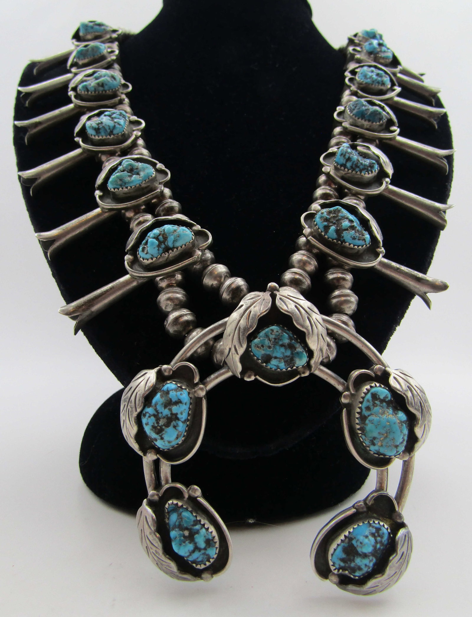NATURAL TURQUOISE SQUASH BLOSSOM NECKLACE STERLING (1 of 6)