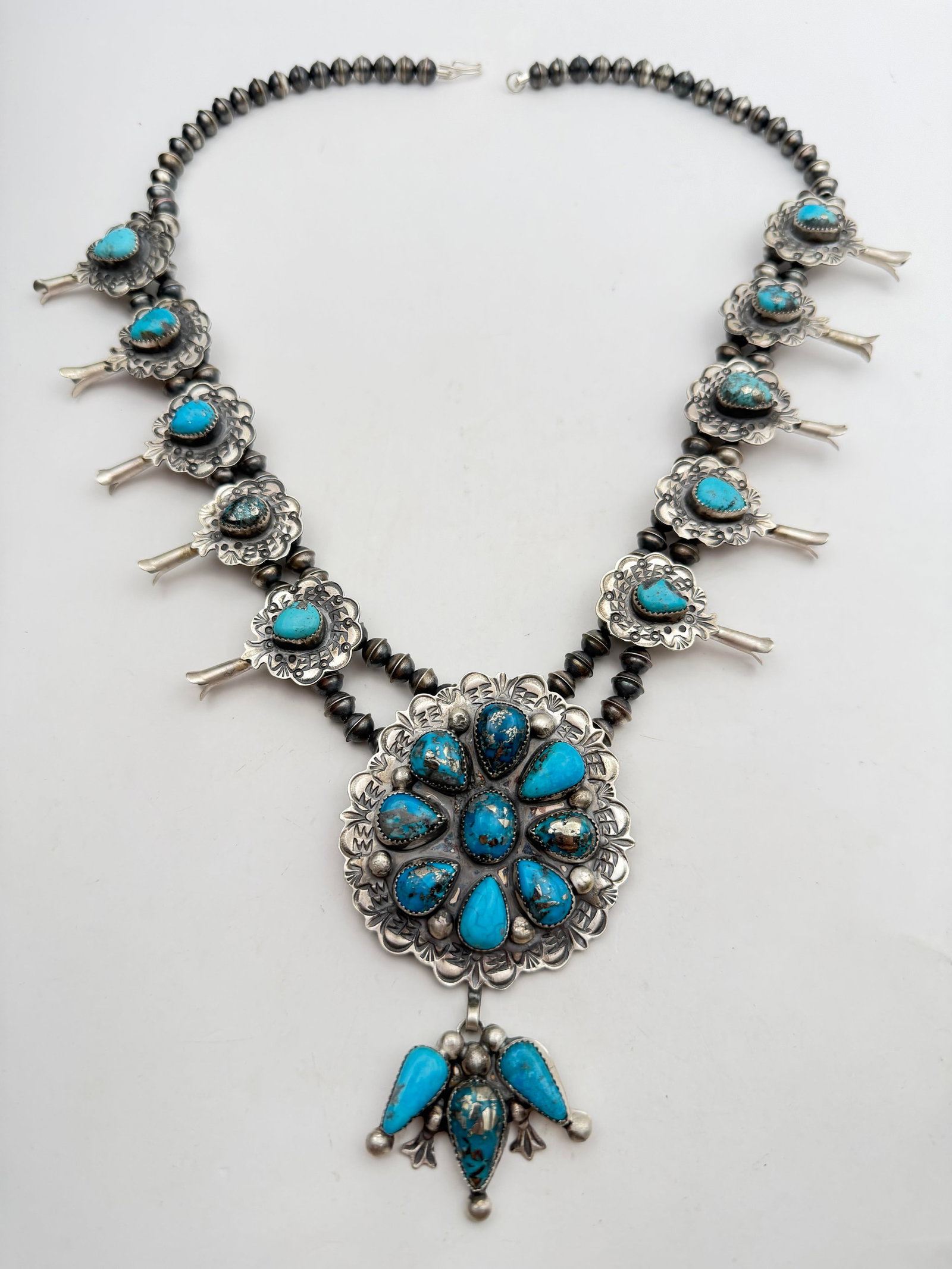 SIGNED NAVAJO STERLING TURQUOISE SQUASH BLOSSOM (1 of 9)