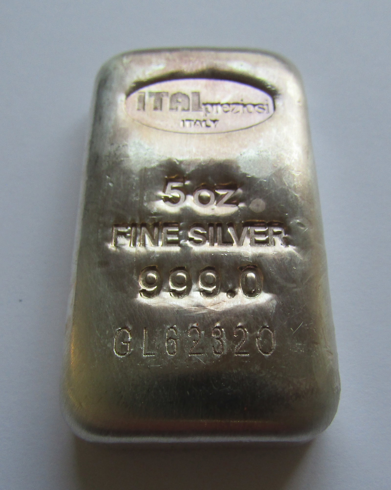5 OZ 999 FINE SILVER INGOT BAR ITALY: 999 FINE SILVER ITALIAN INGOT WITH SERIAL NUMBER. 5 TROY OZ. USA SHIPPING $5 USPS.