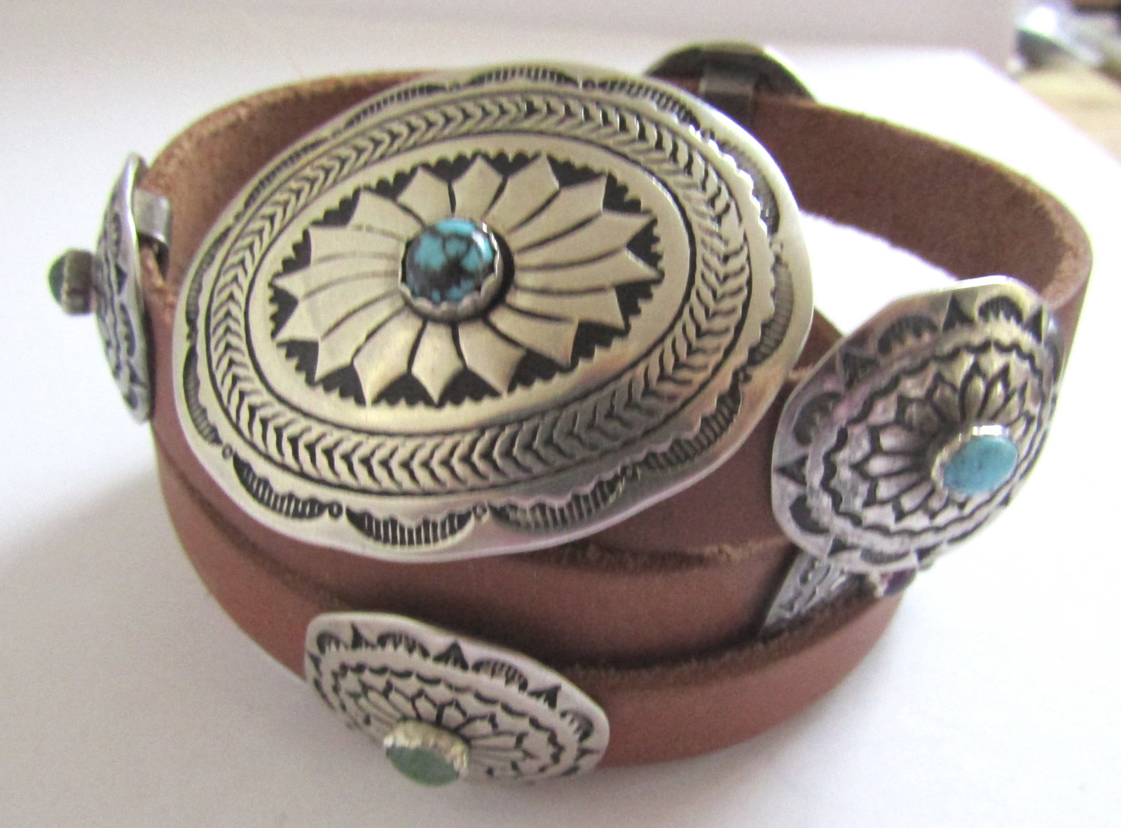 TURQUOISE STERLING SILVER CONCHO BELT & BUCKLE 91G (1 of 7)