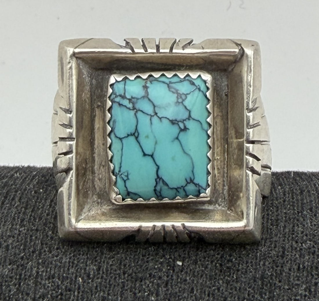 SIZE 12.5 STERLING TURQUOISE SQUARE RING: NATIVE AMERICAN HANDMADE SOUTHWESTERN RING. UNSIGNED TESTED STERLING SILVER. SQUARE IS 7/8". WEIGHS 16.7 GRAMS TOTAL. RING SIZE 12.5. WITH IMPERIAL AUCTION THE COST FOR PACKING AND SHIPPING VIA USPS I