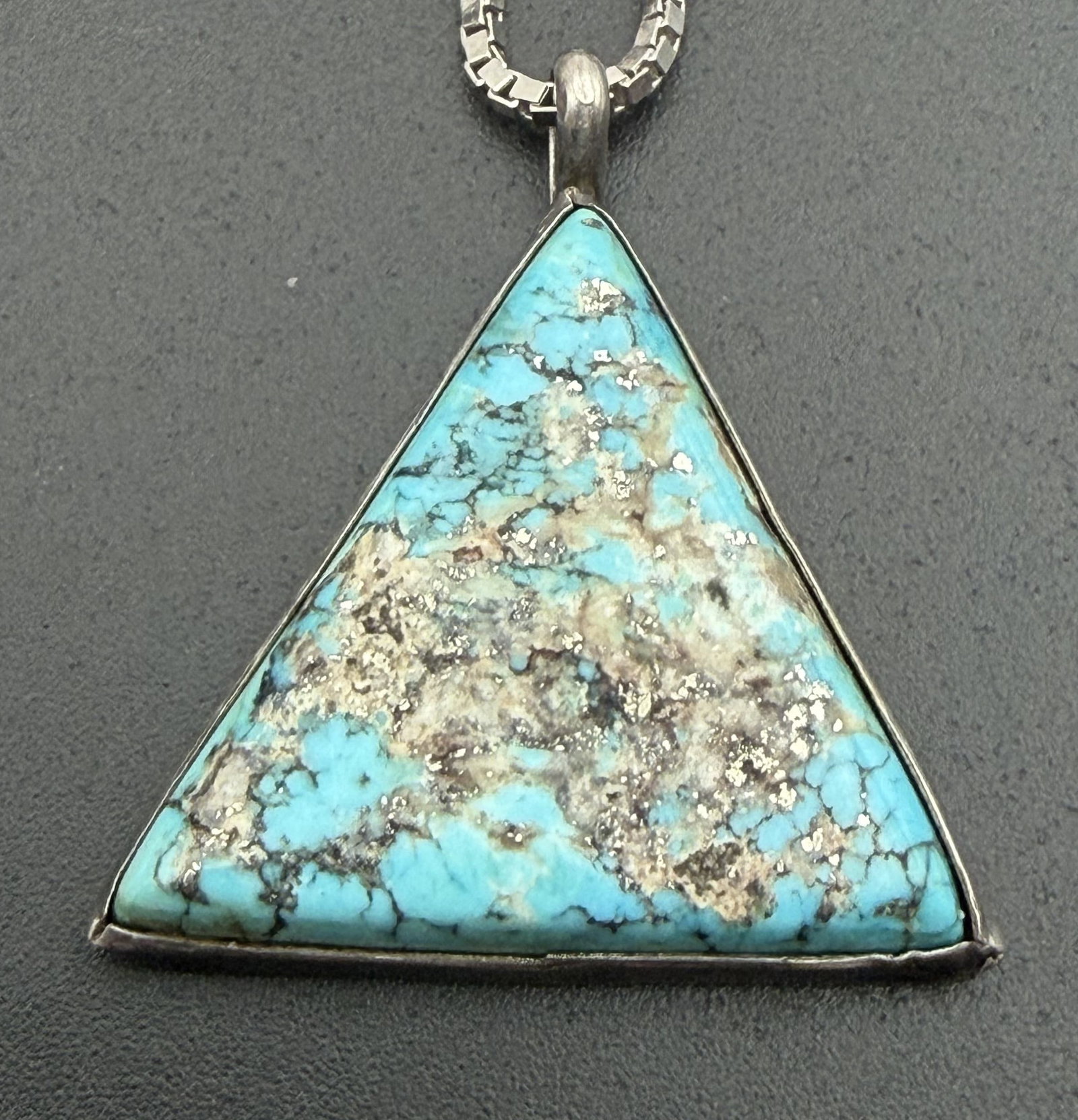 OLD MORENCI TURQUOISE TRIANGLE STERLING NECKLACE: VINTAGE NATIVE AMERICAN HANDMADE SOUTHWESTERN PENDANT. UNSIGNED TESTED STERLING SILVER. HEIGHT 1-3/8" X 1-1/4" WIDE. WEIGHS 16.1 GRAMS TOTAL. STERLING BOX CHAIN IS 16". WITH IMPERIAL AUCTION THE COST 