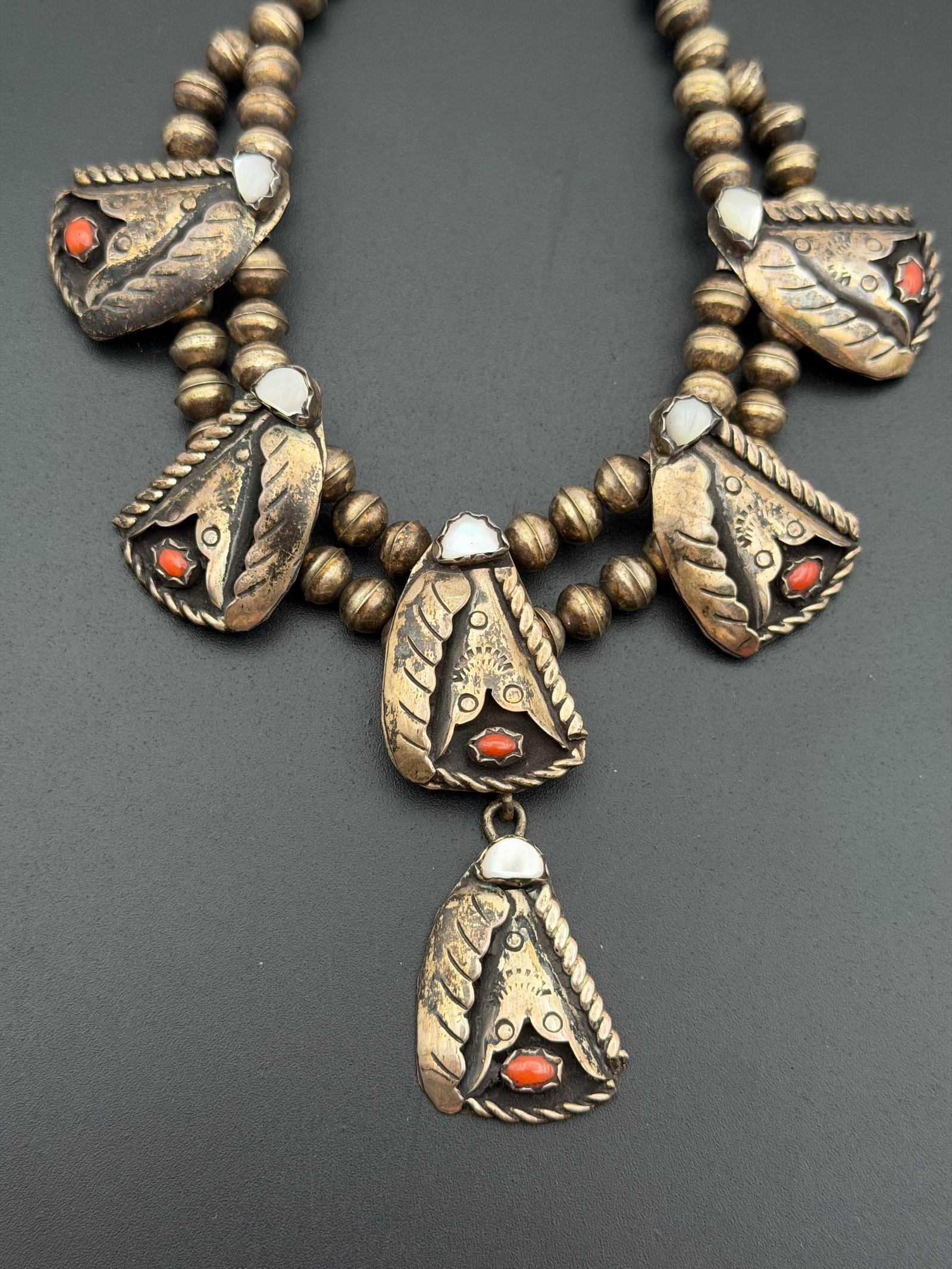 OLD PAWN STERLING CORAL SQUASH BLOSSOM NECKLACE (1 of 5)