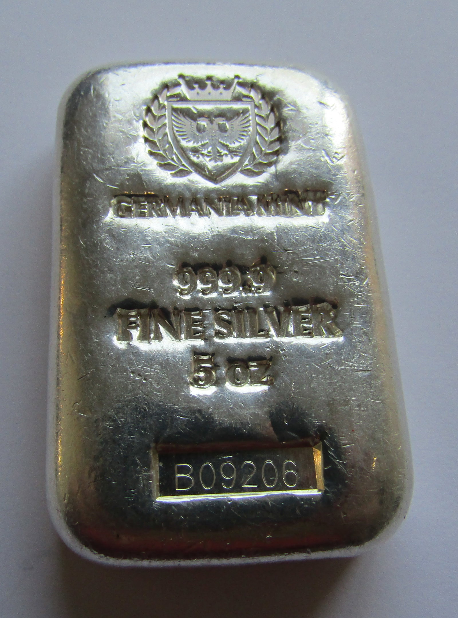 5 OZ 999 FINE SILVER BAR GERMANIA: 5 TROY OUNCE FINE SILVER INGOT GERMANIA. MINT. USA SHIPPING USPS $5.