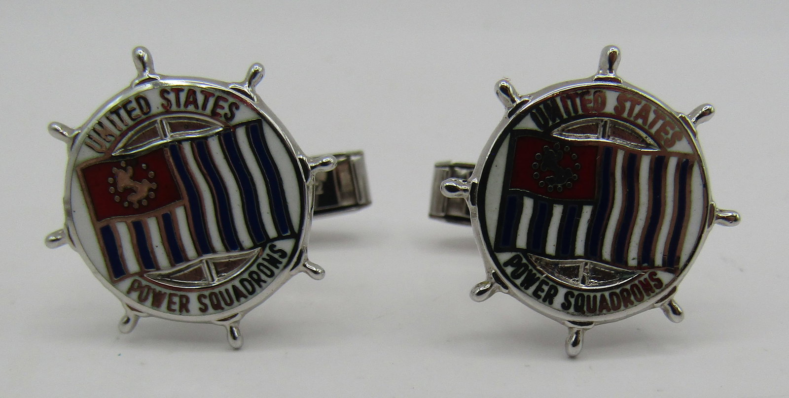 US POWER SQUAD ENAMEL CUFFLINKS STERLING NAUTICAL: VINTAGE ESTATE .75 INCH WIDE MARKED "HIS LORDSHIP STER NYC" STERLING SILVER CUFFLINKS. WEIGH 10.0 GRAMS. EXCELLENT USED CONDITION. WITH IMPERIAL AUCTION THE COST FOR PACKING AND SHIPPING VIA USPS IN T