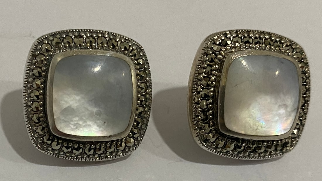 MOP MARCASITE EARRINGS STERLING SILVER PIERCEDCLIP (1 of 4)