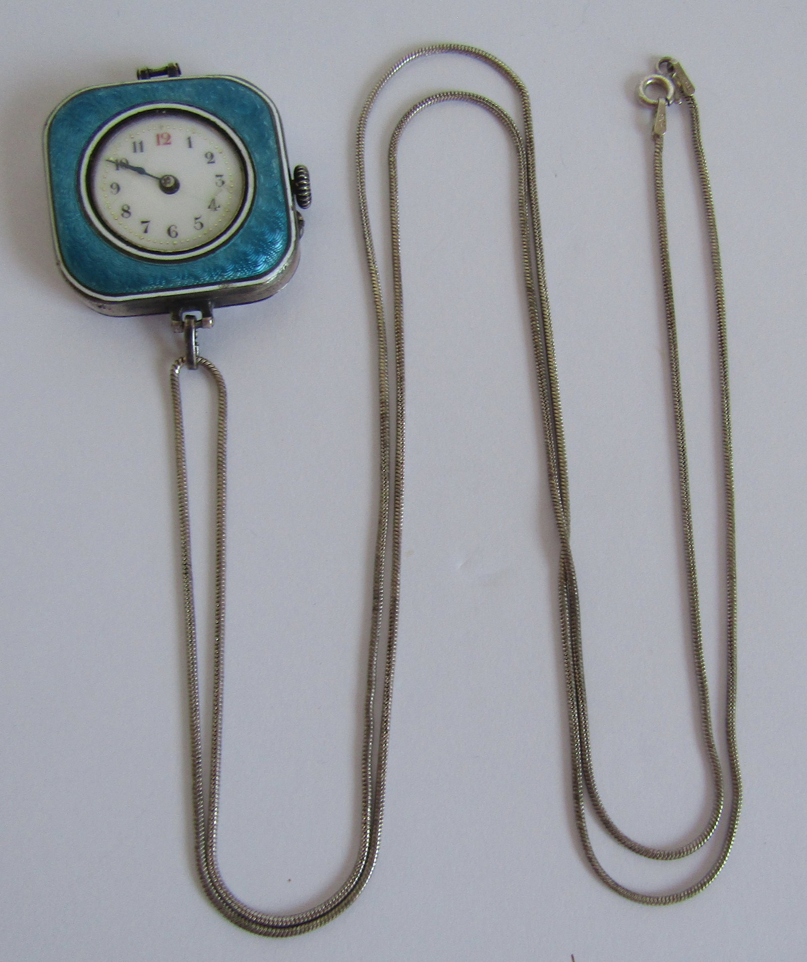 SWISS ENAMEL STERLING POCKETWATCH PENDANT ON CHAIN (1 of 4)