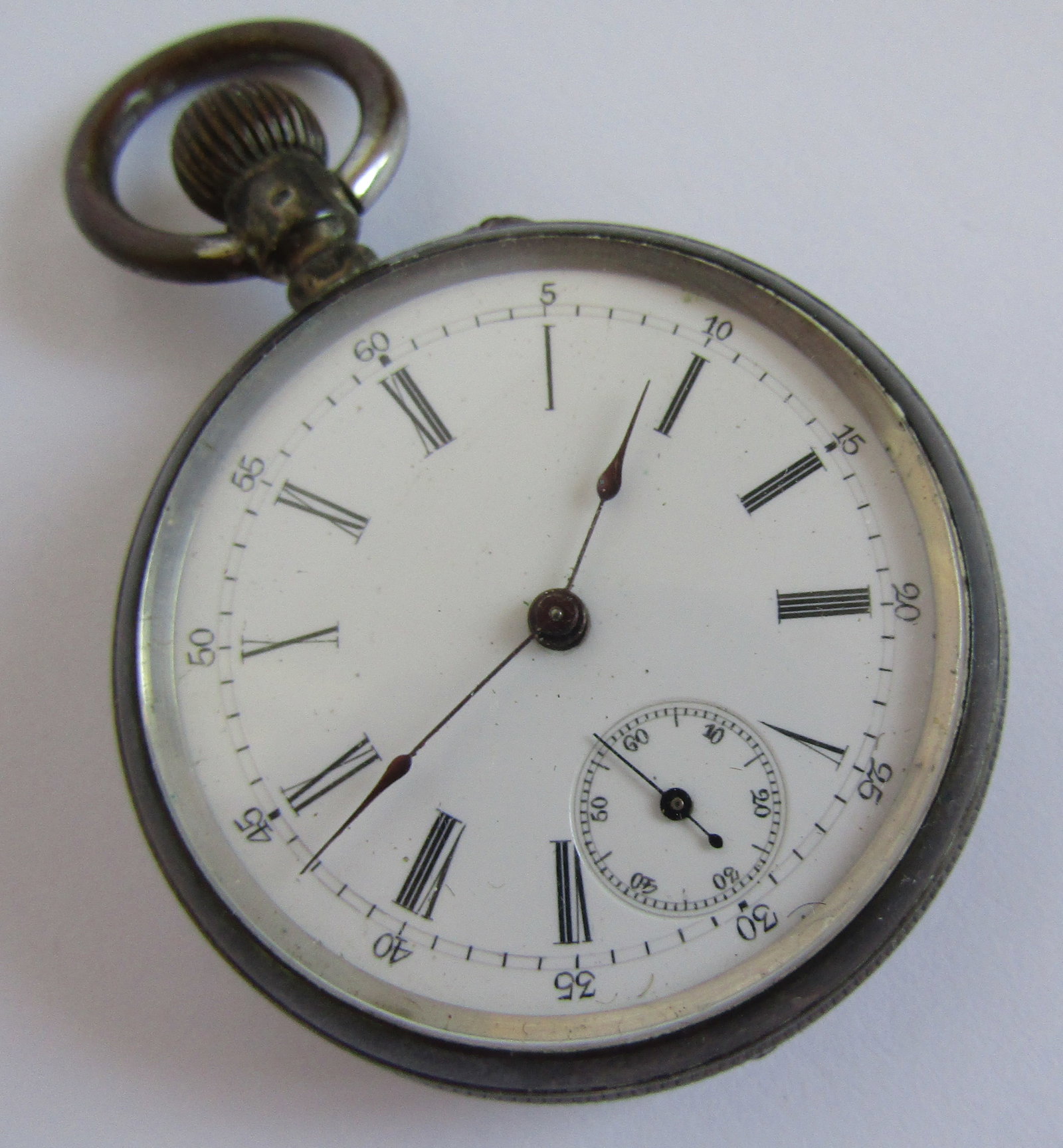 ANTIQUE 800 SILVER STERLING SWISS POCKETWATCH: 800 SILVER POCKETWATCH NOT RUNNING. SECOND HAND RUNS BUT DOES NOT WIND. GOOD DIAL. 46MM WIDE AND 70 MM TALL. WEIGHS 82.5 GRAMS. USA SHIPPING USPS $5