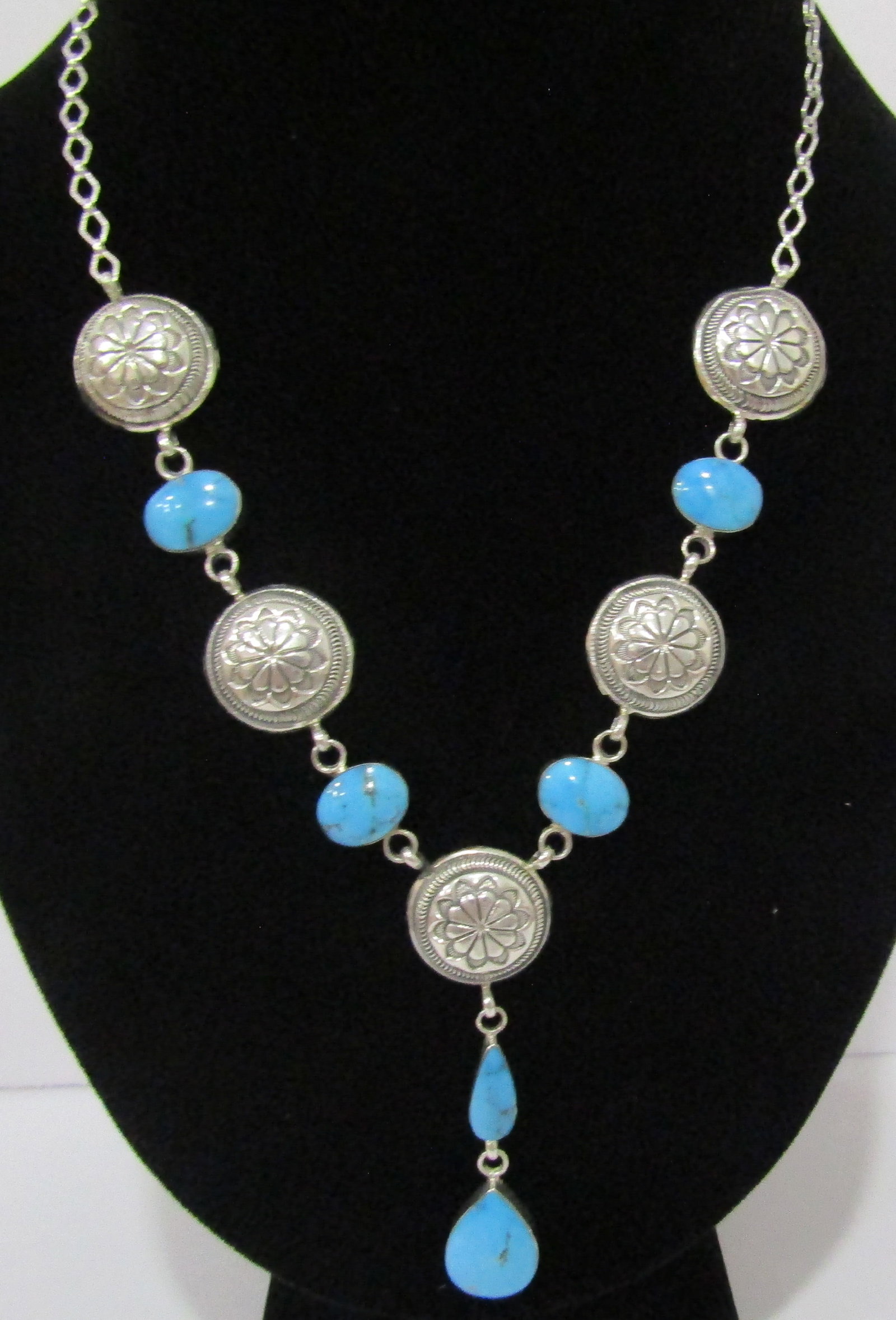 "RB" TURQUOISE CONCHO NECKLACE STERLING SILVER 37G (1 of 6)