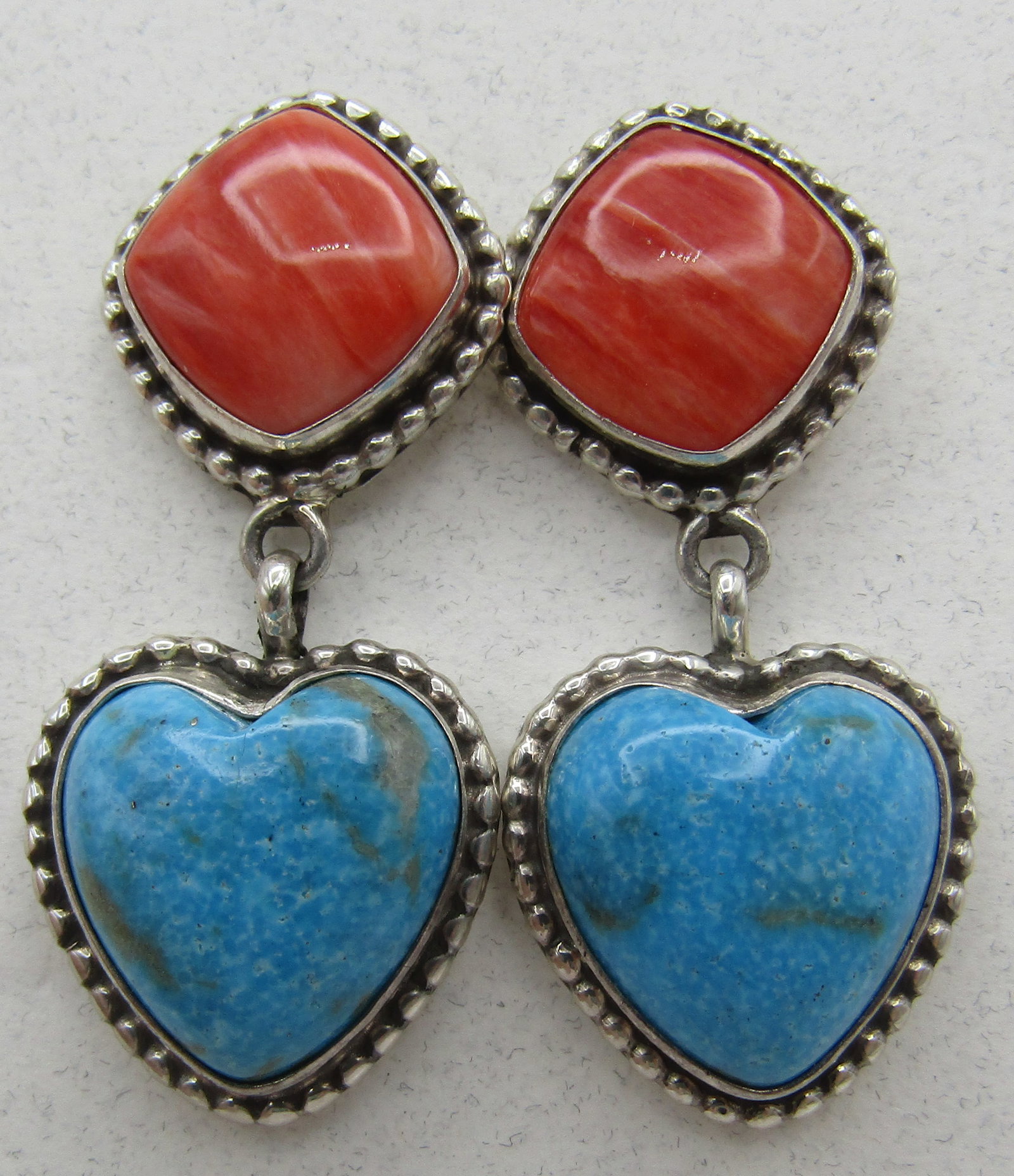 BKF TURQUOISE SOS EARRINGS STERLING SILVER: BURT FRANCISCO SPINY OYSTER SHELL & TURQUOISE STERLING SILVER EARRINGS ARTIST SIGNED "BKF 925". HANDMADE NATIVE AMERICAN SOUTHWEST NAVAJO INDIAN JEWELRY. MEASURE 1.75" LONG. WEIGH 17.2 GRAMS. EXCELLEN