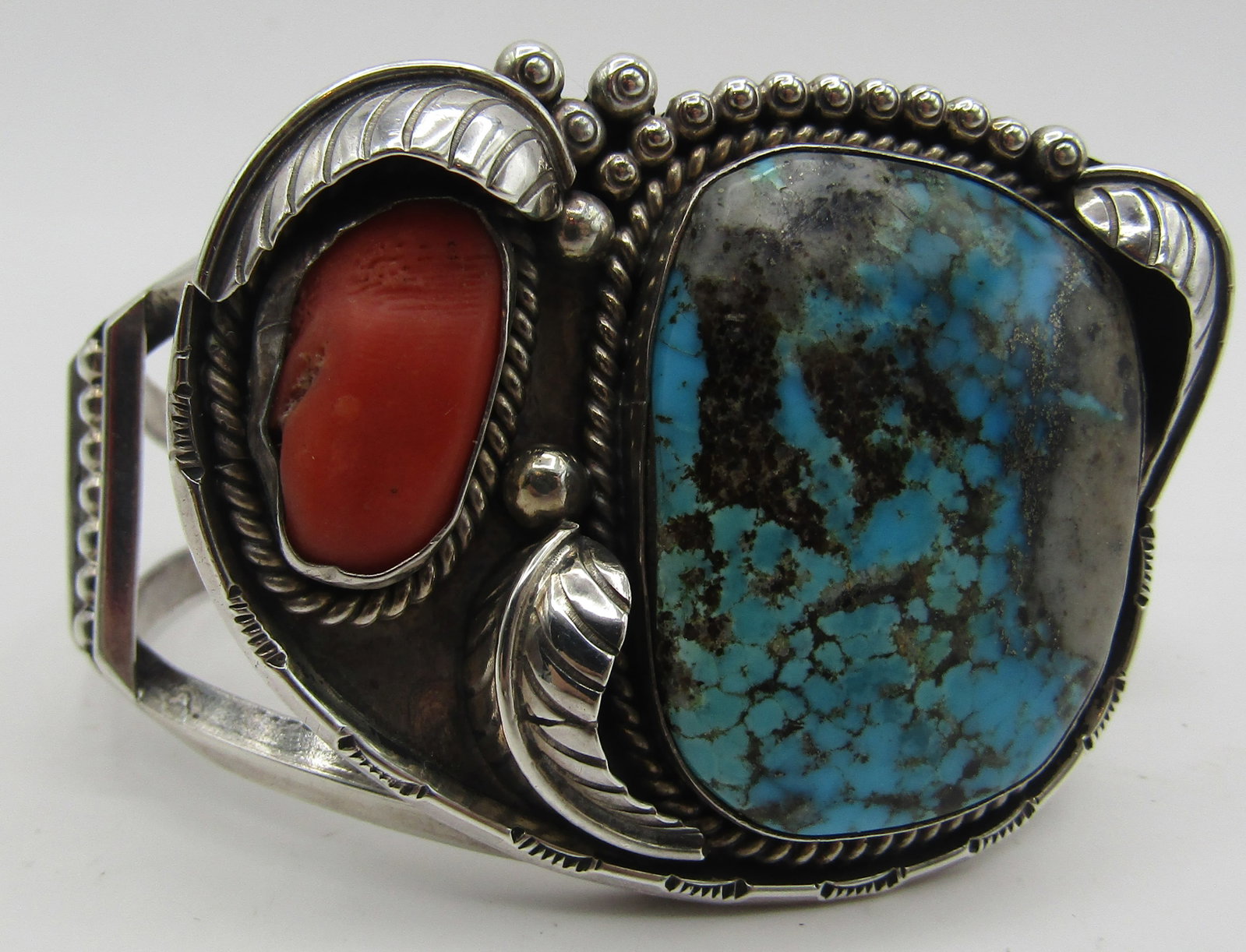 GEM TURQUOISE CORAL CUFF BRACELET STERLING SILVER (1 of 6)