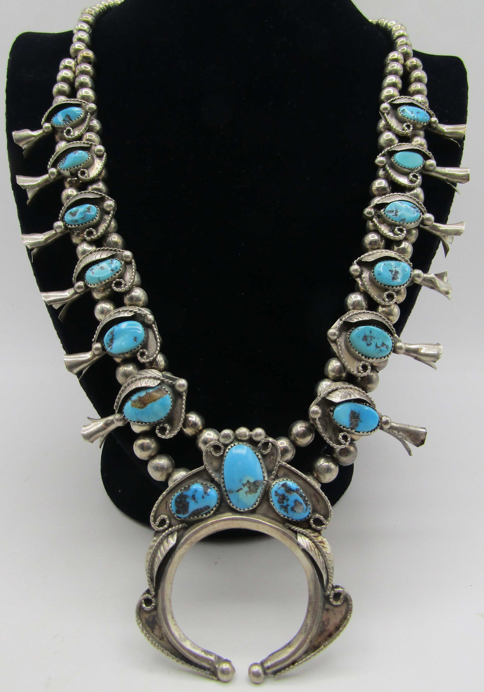 TURQUOISE SQUASH BLOSSOM NECKLACE STERLING SILVER (1 of 4)