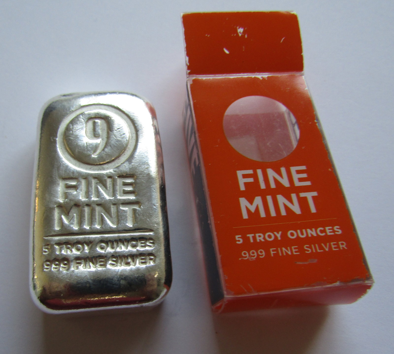 5 TROY OZ 999 FINE SILVER BAR: 5 OZ FINE SILVER INGOT FROM THE NUMBER 9 FINE MINT. USA SHIPPING USPS $5.