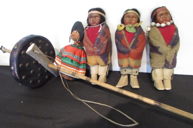 4 Native American Dolls (7" Tall) & Hand Drill: 29.7 Native American Dolls 4 Pc (7" Tall) & Hand Drill / fire starter