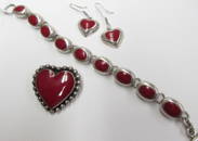 Taxco Red Enamel Heart Pin Bracelet & Earrings