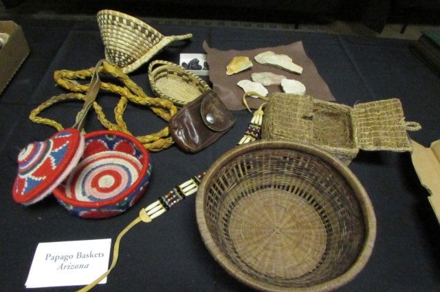 Native American Wicker Basket Lot Necklace: 29.17 Native American Wicker Basket from Papago Indians & bone/ivory beaded necklace, antique leather pouch Lot 9 Pc