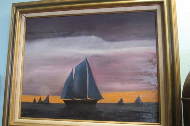 Eric Sloane Signed Original Sailboats: 2.78. oil on masonite. some damage.