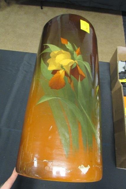 Louwelsa Weller Umbrella Holder Pottery Vase Amber: 13.46. Gorgeous rookwood style amber & brown floral umbrella holder. Has cracks, see photo. 21" tall x 9.5" wide. Signed "Louwelsa Weller"