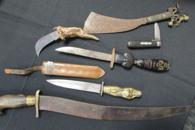 6 Antique Knives Machete Dagger Folding Lot: 5.97. small antler handled knife signed (spade) Friedr Herder Abr Sohn Solingen Germany, small machete ceremonial knife with bells on handle, nude statue handle folk art knife, folding knife has one b