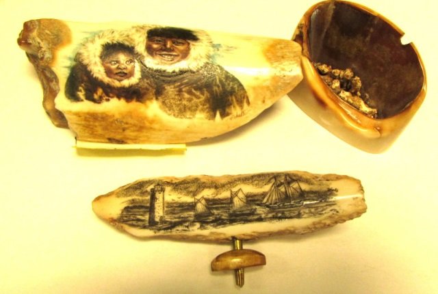 Alaskan Ivory Inuit Walrus Scrimshaw Painted 3pc: 5.116. Lot of 3 pieces of Eskimo carved & painted ivory, pair of inuit is signed Schulte, the sailboats are signed Wal (?).