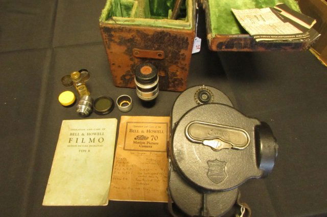Bell & Howell Filmo Motion Picture Camera Cine: 5.96. Type 70 R with original box/case and papers. projector. two extra lenses Wollensak Rochester 3-3/4" cine raptar. size 4 filter hood. & some extras.
