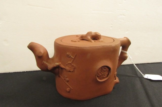 Chinese Clay Teapot, Signed "Yixing" Floral Design: 19.11 Clay Teapot, Signed "Yixing" with characters/symbols, Floral Design, 4"x7.5"