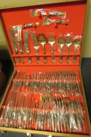 Bronze Flatware Set, Signed Thailand, Wood Handles: 19.12 Bronze Flatware Set, Signed Thailand, Wood Handles, Pieces Individually Sealed, with Box, New Old Stock