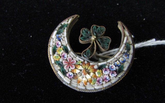 Micro Mosaic Clover Pin Antique: 3.575. Crescent moon with green clover inside. 19th century Italian antique pin brooch. measures 1-1/8"