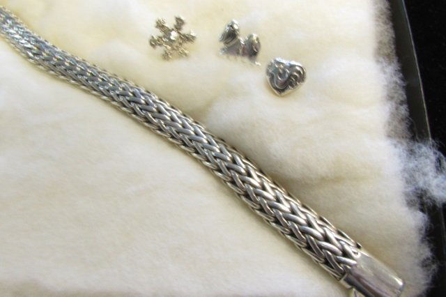 3 John Hardy Pins & Sterling Silver Bracelet: 2.110 John Hardy Tie or Stick Pins: Year of the Dog, Year of the Rooster & Golf Ball or Snowflake. 8 inch long by 1/2 inch wide Sterling Silver Bracelet