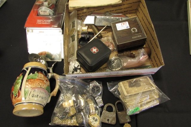 Assorted Watches, Photographs, Cards, Beer Stein: 5.105 Watches, hockey baseball & basketball Cards, antique Photographs, Beer Stein, 2 Vintage Locks one has key