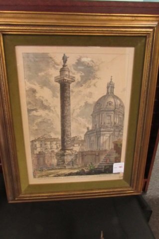 FRAMED ETCHING AFTER PIRANESI: "COLONNA TRAIANA": 13.37. Trajan's Column in Rome, Italy built to commemorate victory in the Dacian Wars.Framed etching after Giovanni Battista Piranesi, titled "Colonna Traiana". Hand colored, Under glass with green ma