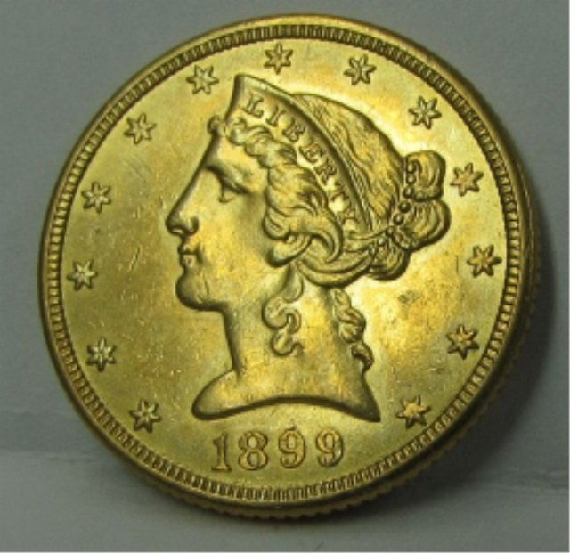 1899-S $5 Dollar Gold Liberty Coin: 59.14. AU- BU CONDITION