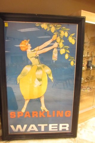 Poster Sparkling Water Circa 1920's Wallsize: 4.1. Life-sized redhead in lemon dress advertising sparkling water. Antique and vintage. 75" tall x 38" wide. Some water damage. Please contact your own shipper