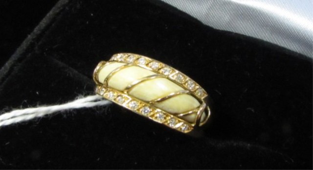 Portuguese 800 Gold Ivory & Diamond Ring: 1.14. Rare 800 (19.2k) yellow gold with 4.5mm wide tapered piece of ivory. 18 single cut diamonds VS clarity in G-H color 0.20 ct total weight. Antique vintage ring is 4.8 grams. Size 7.25.