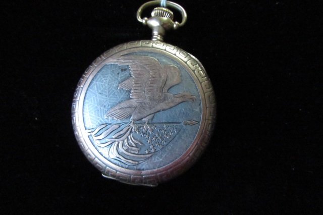Solid Gold Overlay & Sterling WM Penn Special: 3.606. Pocket watch case has patriotic scene of bald eagle holding a United States Flag done in solid gold overlay over sterling. 19th century Civil War era. Case is marked "STAR WS CO". movement is 1