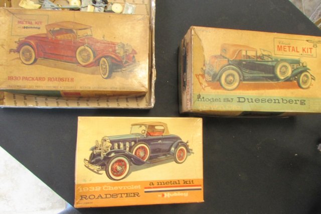 3 Hubley Classic Metal Kit Cars Vintage: 36.29... 1932 Chevy Roadster Model No. 4862-400 UNOPENED bags ... Model No. 4868-1000 Model SJ Duesenberg Town Car UNOPENED bags... 1930 Packard Roadster Model No. 4860-500 HAS BEEN OPENED...