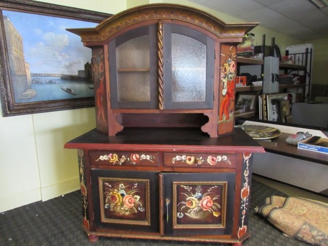 HAND PAINTED CUPBOARD 6'x5' ANTIQUE BLACK FOREST: ANTIQUE BLACK FOREST HAND PAINTED CUPBOARD 6' TALL BY 5' WIDE BY 28" DEEP