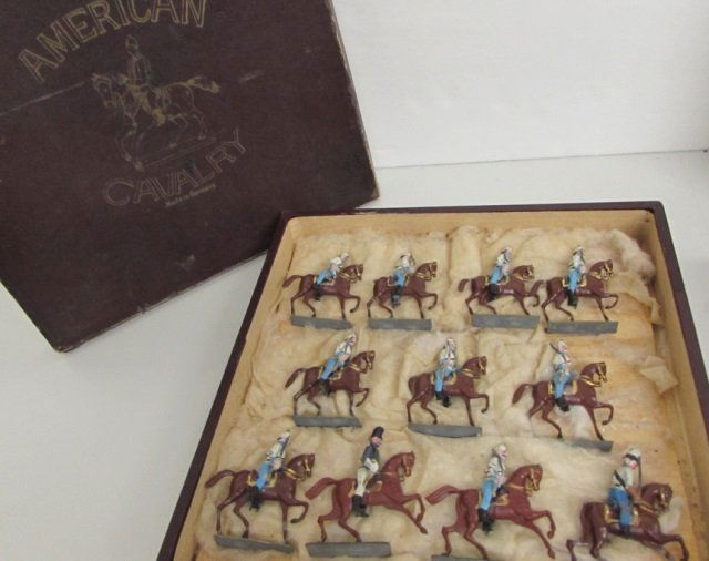 11 LEAD HORSE & SOLDIERS AMERICAN CAVALRY 2" TOY: Made in Pre World War I Germany. Original paint & box with slots. Heyde rounds. Set of 11 hand-painted lead toys, riders can be separated. TWO HAVE BROKEN TAILS. Hand