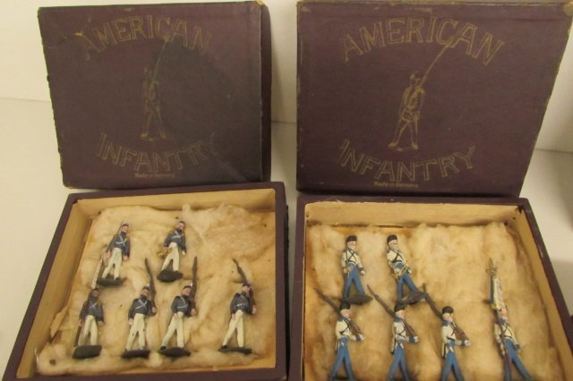 12 AMERICAN INFANTRY TOY LEAD SOLDIERS SET: Made in Pre World War I Germany. Original box, original paint. Heyde rounds. Hand painted lead toys.