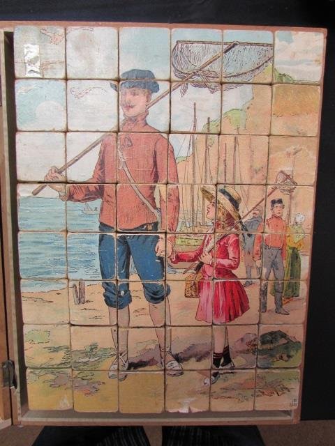 JFL Woodblock Puzzle in Box Unique Antique: 71.29. Each side of blocks has a different puzzle. 6-in-1. Vintage seaside beach scenes. In wooden box. Signed JFL