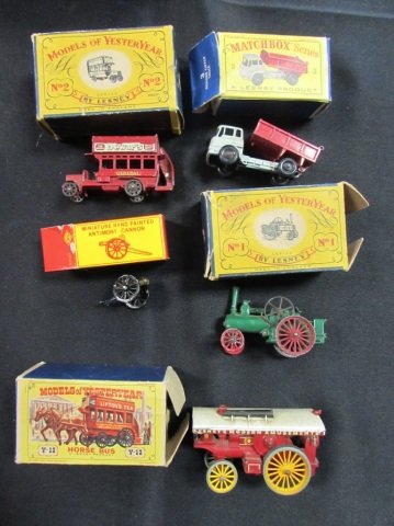 1950's Matchbox Yester Years Collection Yesteryear: 19.37. All have boxes, some do not match. No. 2 Y-2 B Type London bus, horse bus y-12 (no. 2 dewars not matching box), 3 bedford tipper dump truck, allchin traction engine with original box, antimony 