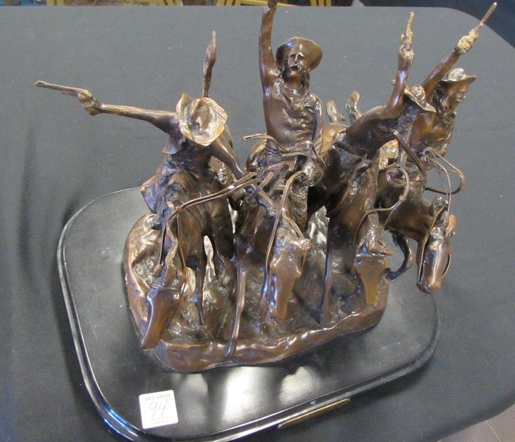 Frederic Remington BRONZE COMING THRU THE RYE: 3.0 Frederic Remington BRONZE "COMING THRU THE RYE" on a Marble Base. measures 14"x11" base x 13" tall. weighs 40 lbs.