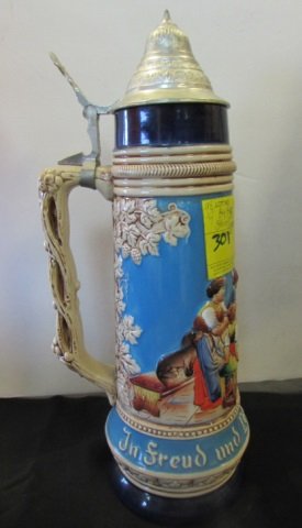 Large 14" West Germany Beer Stein: 98.4. Hunting scene, Signed Original King western germany 300 1-1/2 on bottom