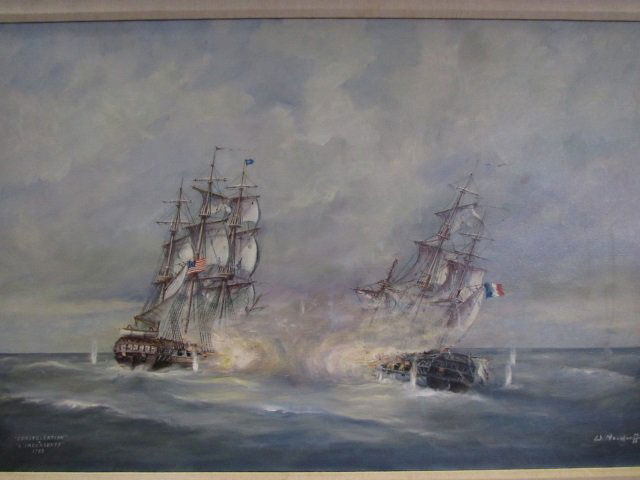 Famous Naval Battle by NEUDORFF Large Oil Painting: 4.7 Revolutionary War US Navy PAINTING OF BATTLE OF CONSTELLATION VERSES L INSURGENTE 1799 BY W. NEUDORFF 48" BY 31" oil on canvas