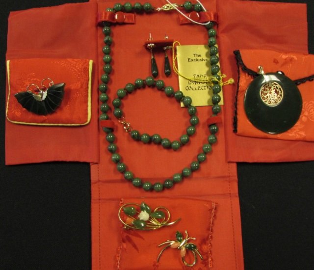 7 Pc Gold-Filled Jade & Coral Jewelry Set: 2.0. Includes gold-filled butterfly pins, chinese character pendant & earrings, jade beaded necklace & bracelet, collection / lot is in excellent barely worn condition.
