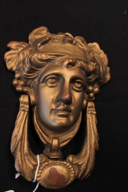 Victorian Painted Bronze or Brass Door Knocker: 2.0. Knocker measures 7" tall x 5" wide. Gold painted.