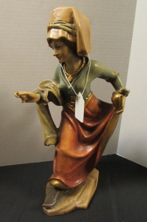 After Erasmus Grasser German Maiden Wood Carving: 65.5c. Moriskentanzer Sculpture statue is of court actor or dancer holding a ring. Fabulous quality antique German painted wood carving. Measures 12.5" tall.