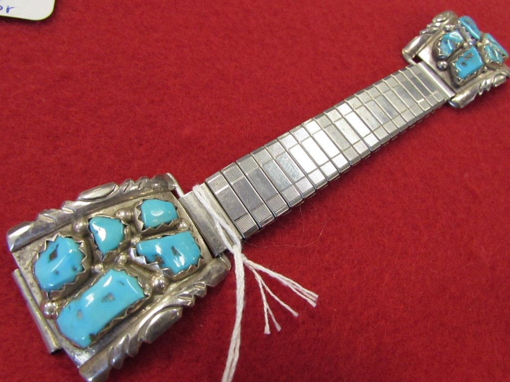 NAVAJO TURQUOISE STERLING MANS WATCH BRACELET: 86.13. SIGNED "WAYNE C" .. 6"LONG BUT STRETCHES TO FIT 8 1/2 " WRIST.